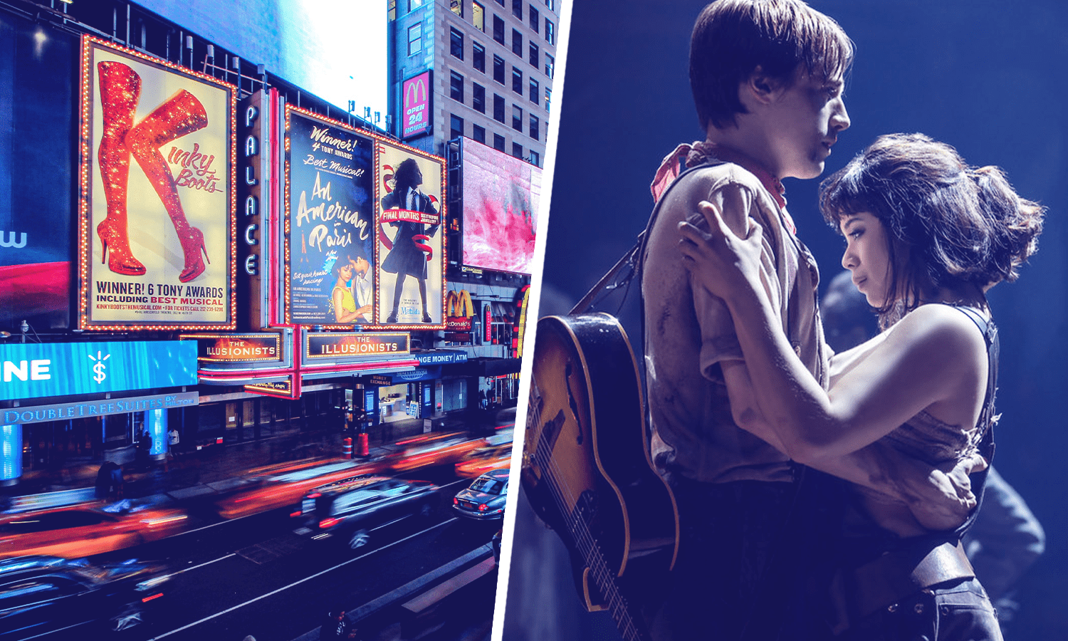 Left: Broadway marquees, photo by Florian Wehde on Unsplash. Right: "Hadestown" press photo.