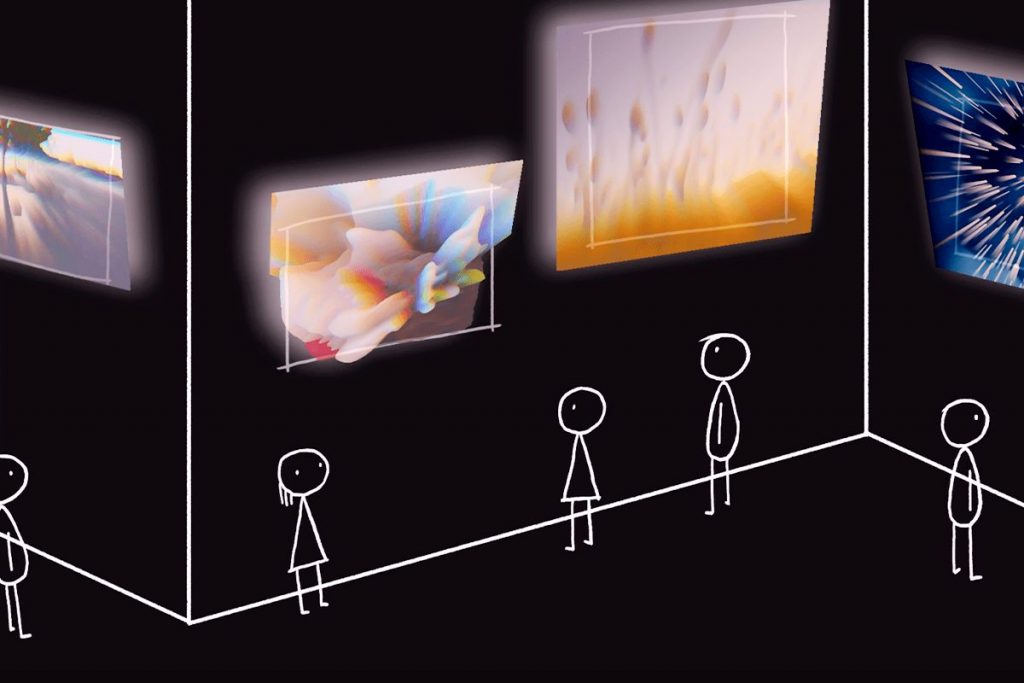 March XP: Minimalist digital illustration of stick figures viewing glowing, abstract digital artwork in a dark exhibition space.