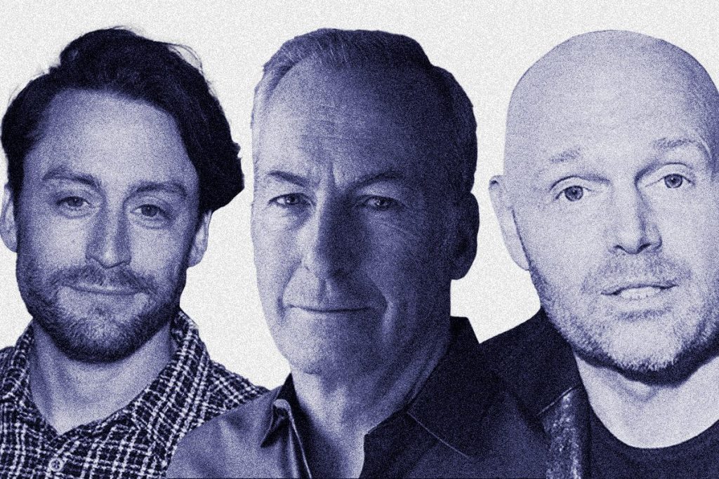 March XP: Stylized monochrome portrait of three well-known actors or comedians, arranged side by side in a grainy, artistic filter.